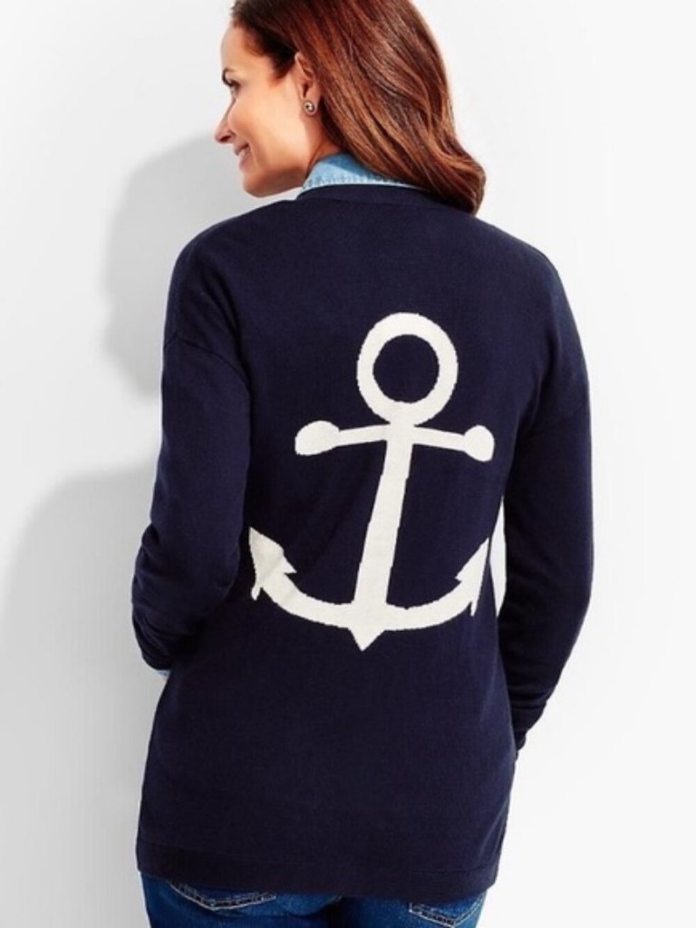 Talbots Size XS Navy Blue with White Anchor Knit Nautical Open Cardigan